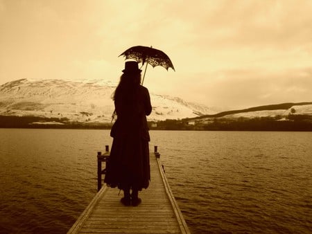 victoriana - lake, people, female, landscape, victorian, fashion, mountains, gothic, model, nature, abstract, surreal