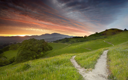 Spring Landscape - fields, sky, scenic, sunset, mountains, spring, nature, beautiful, scenery, skies, sunrise, grass