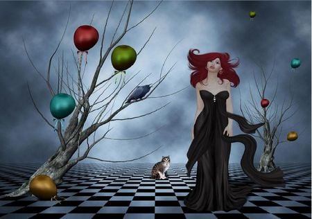 melancholy  - girl, ballons, melancholy, cat