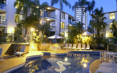 Aussei Resort - palm trees, light, water, hotel, modern, lounge, yellow, blue, city, house, pool, relax