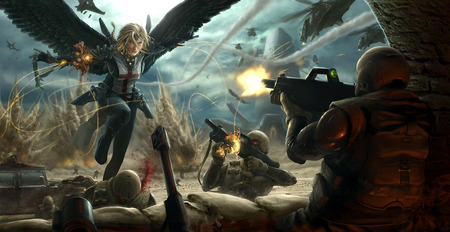 Battle - soldier, female, war, shooting, angel, cool, cg, fantasy, valkyrie, wings, weapon, field, art