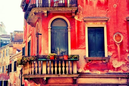 View Of Venice - blue shutters, red house, balcony, italy, venice, shutters, house, flowers