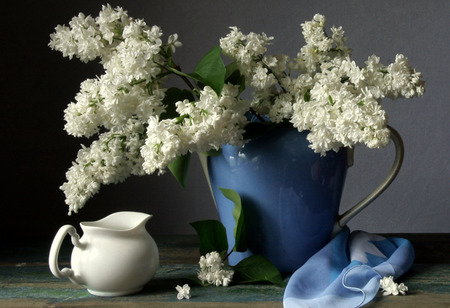 Pure Fragrance - flowers, white creamer, cream pitcher, white lilacs, blue fabric, lilacs, blue pitcher, still life