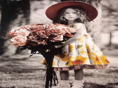 kid - hat, girl, bouquet, cute, flower