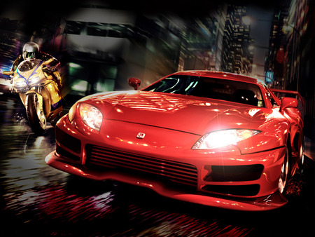 CHASING - red, race, fast, road, video game, yellow, night, car, racing, bike, speed, chasing