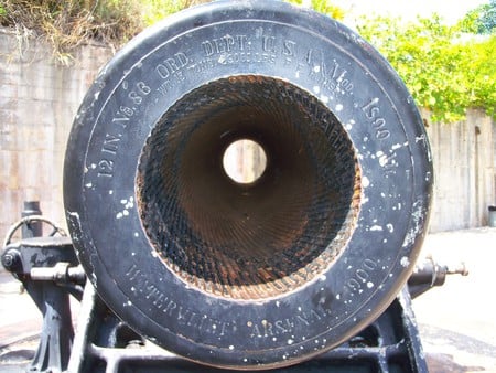 ~Looking Down the Barrel of a Seacoast Mortar Cannon~Fort De Soto, Florida~ - cannon, grooves, florida, foilage, barrel, gun, history, fort