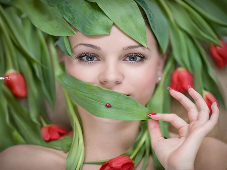 tulips - face, flower, red, ladybug