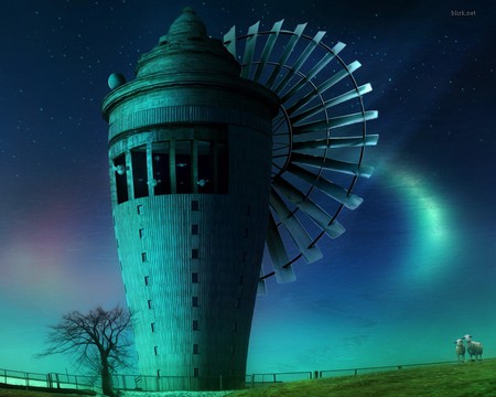 Blue windmill - blades, moon, nice, fence, windows, light, large, blue, big, sheeps, windmill, tree