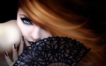 SEDUCTRESS - woman, seductive, nail polish, looks, fan, feamle, blue eyes, brown hair, lace, black fan, black nails, red head, designed nails