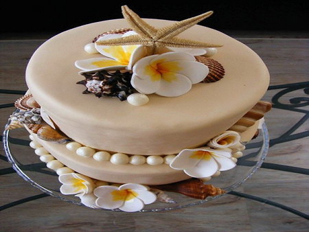 cake - wedding, flowers, starfish, pearls