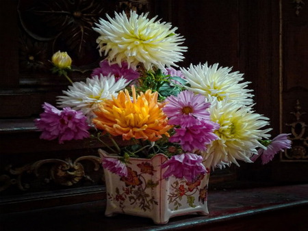 dahlia - vase, dark, flower, colorful