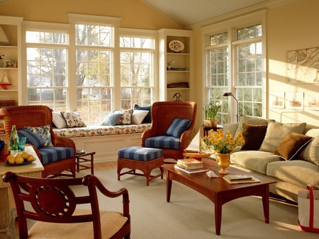 sunny room - warm, house, wood, beautiful, room, photo, interior, home, leaves, flowers, autumn