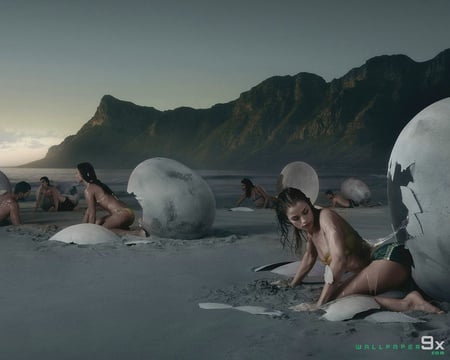 Hatching - woman, beach, funny, lovely, fantasy, picture, amazing, pretty, 2011, creature, beautiful, 11, egg, 12