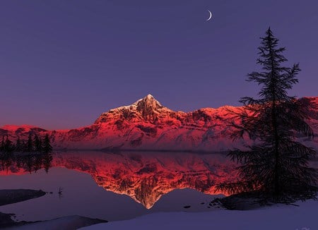 Peace at days end - trees, mountain, water, glow, fiery, evening, reflection, red, stillness