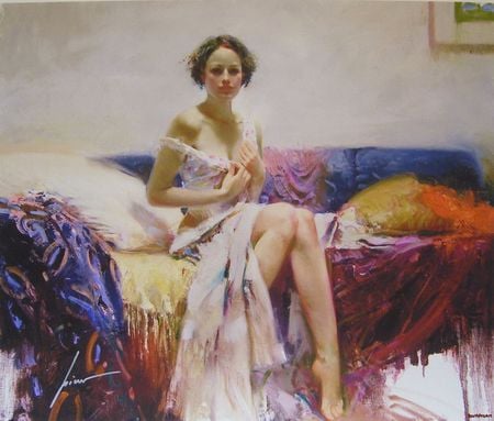 TAKEN BY SURPRISE - woman, atmosphere, bed, oil painting