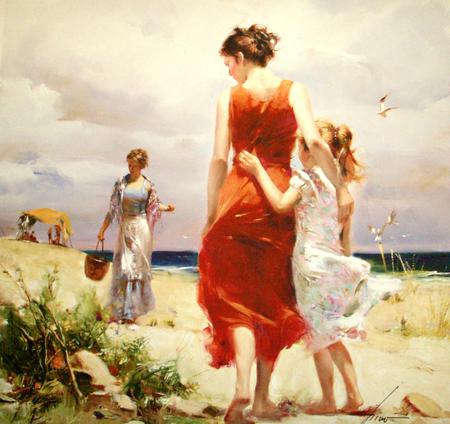 THE DAY AT THE SEASHORE - sunlight, summer, beach, woman, oi lpainting, child