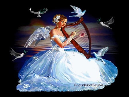 angel - music, harp, night, dove