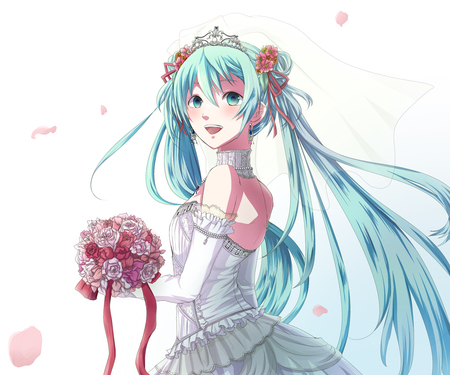 Hatsune Miku - pretty, cool, cute, wedding dress, beauty, beautiful, flowers, vocaloids, awesome, anime, twintail, blue, white, blue eyes, hatsune miku, blue hair