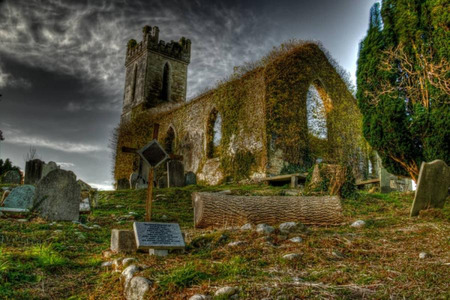 Ruins - graveyard, ireland, trees, church, clouds, log, gravestones, dark sky