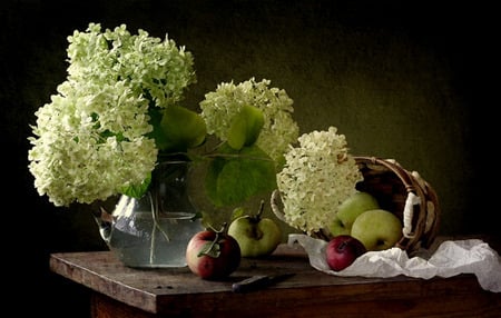 Spring Bounty - white lilacs, white fabric, basket, knife, apples, vase, lilacs, table, flowers