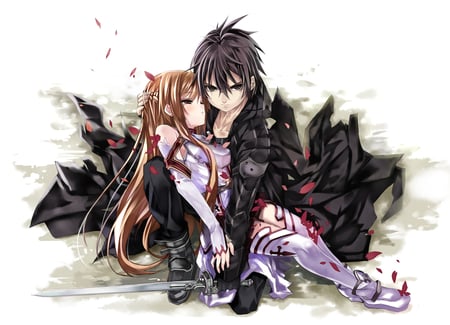 sword art online - back, female, roses, hot, thighhighs, anime girl, black hair, armor, brown hair, anime boy, kirigaya kazuto, white, holding, kazuto kirigaya, cool, anime, yuuki asuna, black coat, sword, sword art online, short hair, male, sexy, long hair, kirito, weapon, asuna yuuki, friends