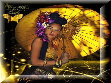 oriental - girl, yellow, umbrella, orchid