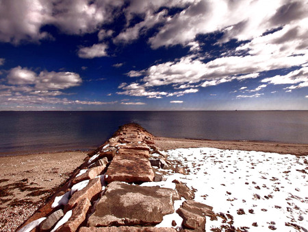 Over The Hills & Far Away - hills, blue, brown, beach, light, far, peace, dark, over the hills and far away, away, sky, sun, clouds, stone, water, over, grey, white, and, the