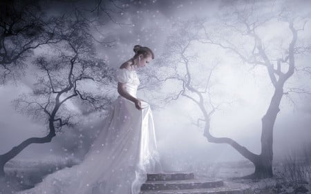 WHITE LADY - black and white, trees, woman, foggy night