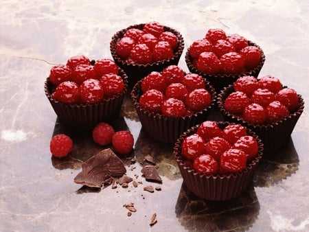 cupcakes with raspberries - cupcakes with raspberriescupcakes, delicious, brown, food, fruit, chocolate, sweet, raspberries