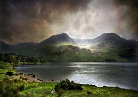 Serenity  - reflections, lake, hills, peaceful, clouds, grass