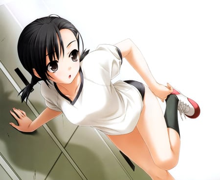 Hashimoto Takashi - brown eyes, anime, yosuganosora, hashimoto takashi, girl, short hair, kuranaga kozue, black hair, cute, gym uniform, sexy