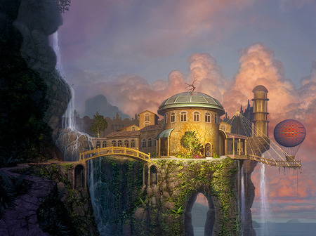 HOUSE OF SECRETS - cliff, clouds, water, red balloon, house, dreamy, bridge