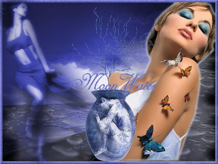 dream - moon, water, butterfly, blue