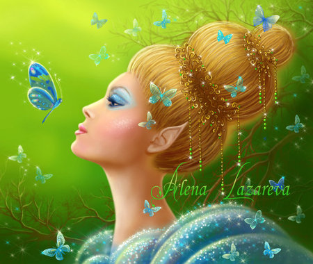 magic butterflies - elf, female, blue, colorful, fairy, fantasy, gren, butterflies