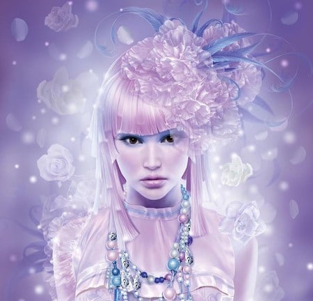 fantasy girl - pretty, roses, colour, lavender, lilac, pure, flowers, oriental, gorgeous, abstract, beautiful, innocent, girl, tang, sweet, cg, fantasy, babe, rose