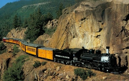 train on a mountain - train, trees, hills, nature, steam train, track, mountain