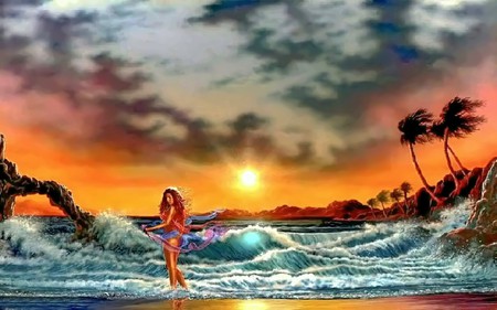 ISLAND BEAUTY - waves, female, ocean, sun