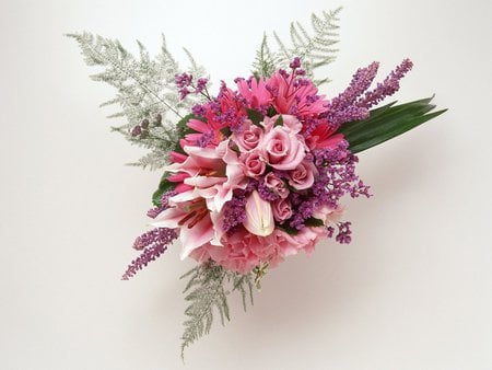 bouquet - delicate, bouquet, rose, nature, purple, beautiful, pink, green leaves, flowers, gray