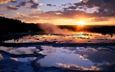 sunset - lake, sun, water, sunset, nature, purple, forest, blue, beautiful, orange, color