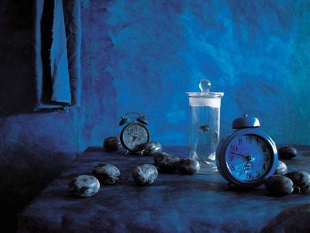 STILL LIFE IN BLUE - plums, clocks, moth trapped in a glass, blue