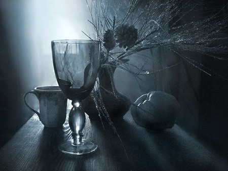 STILL LIFE IN GREYS - vase flowers, cup, fruit, glass chalice