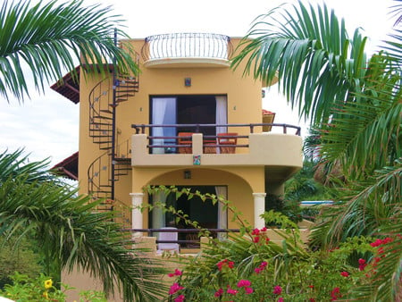 Villa  - balcony, home, trees, palms, flowers, villa