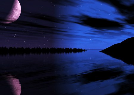 Horizon - sky, pink, reflection, clouds, moon, sapphire