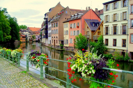 French Spring - house, trees, water, alley, beautiful, colors, lovely, fence, architecture, tree, flowers, colorful, river, houses, pathway, sky