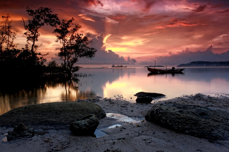 Pink Sunset - colors of nature, lake, trees, water, rocks, pink sky, picture, beautiful, clouds, sand, boat