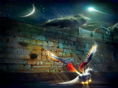 FLIGHT OF FANTASY - flying horse, moon, colorful, winged horse, pegasus, greek mythology, wall