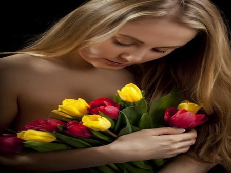 tulips - flowers, girl, yellow, red