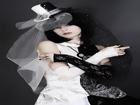 dual - white, black, hat, dress