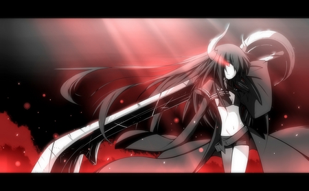 Black rock shooter - reed eyes, anime, girl, sword, long hair, horns, black rock shooter, black hair, cute, sexy, black gold saw