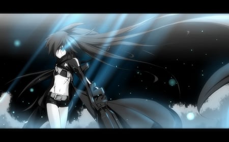 Black rock shooter - anime, twintails, kuroi mato, girl, long hair, black rock shooter, black hair, cute, weapon, sexy, blue eyes